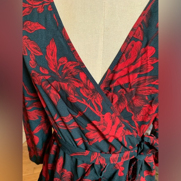 U-GUEST Women Long Sleeve V Neck Floral Mini Swing Dress w Belt Charcoal Red S - Picture 4 of 7